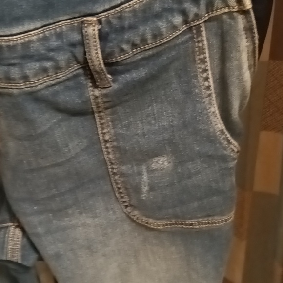 FINAL PRICE INDIGO BLUE cotton blue denim distressed overalls w elastic sides - Picture 8 of 16